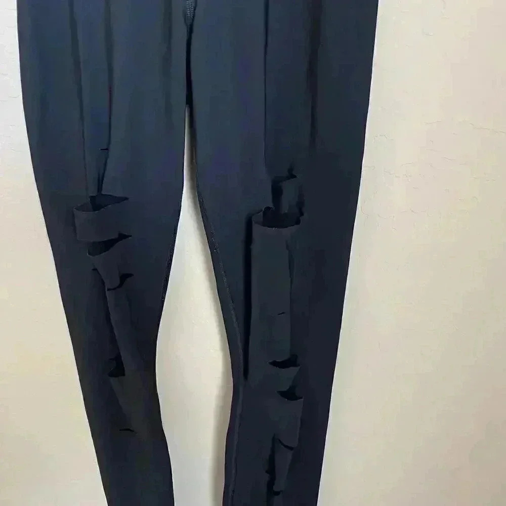 Alo Yoga High Waist Ripped Warrior Leggings Black Laser Cut Distressed Yoga S - Picture 4 of 15